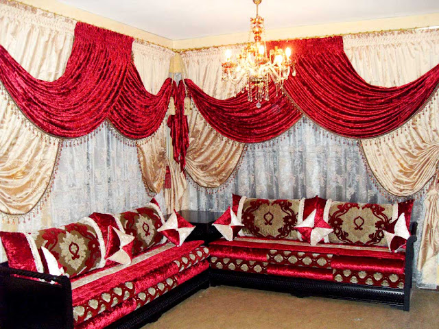 luxury window curtains for living room in red white color with majlis sectional sofa set arabic style curtains ideas