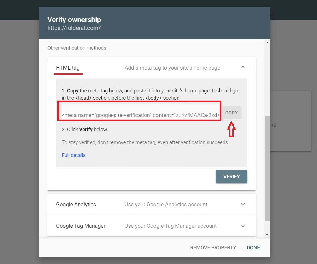 How to enable Google to verify your location:   How to add HTML code to help Google verify your site. Let's say that users of the site are directed to one address to access your site. Here you will use the URL Prefix verification method.   There are several ways to check, choose the HTML tag, then once you copy the code as in the image and paste it on the home page of your site, the Google Search Console tool will check whether it is on your site page or not.