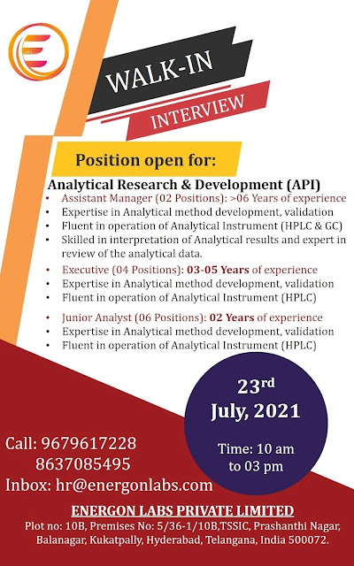 Job Availables, Energon Labs Walk In Interview For AR&D Department - 10 Opening