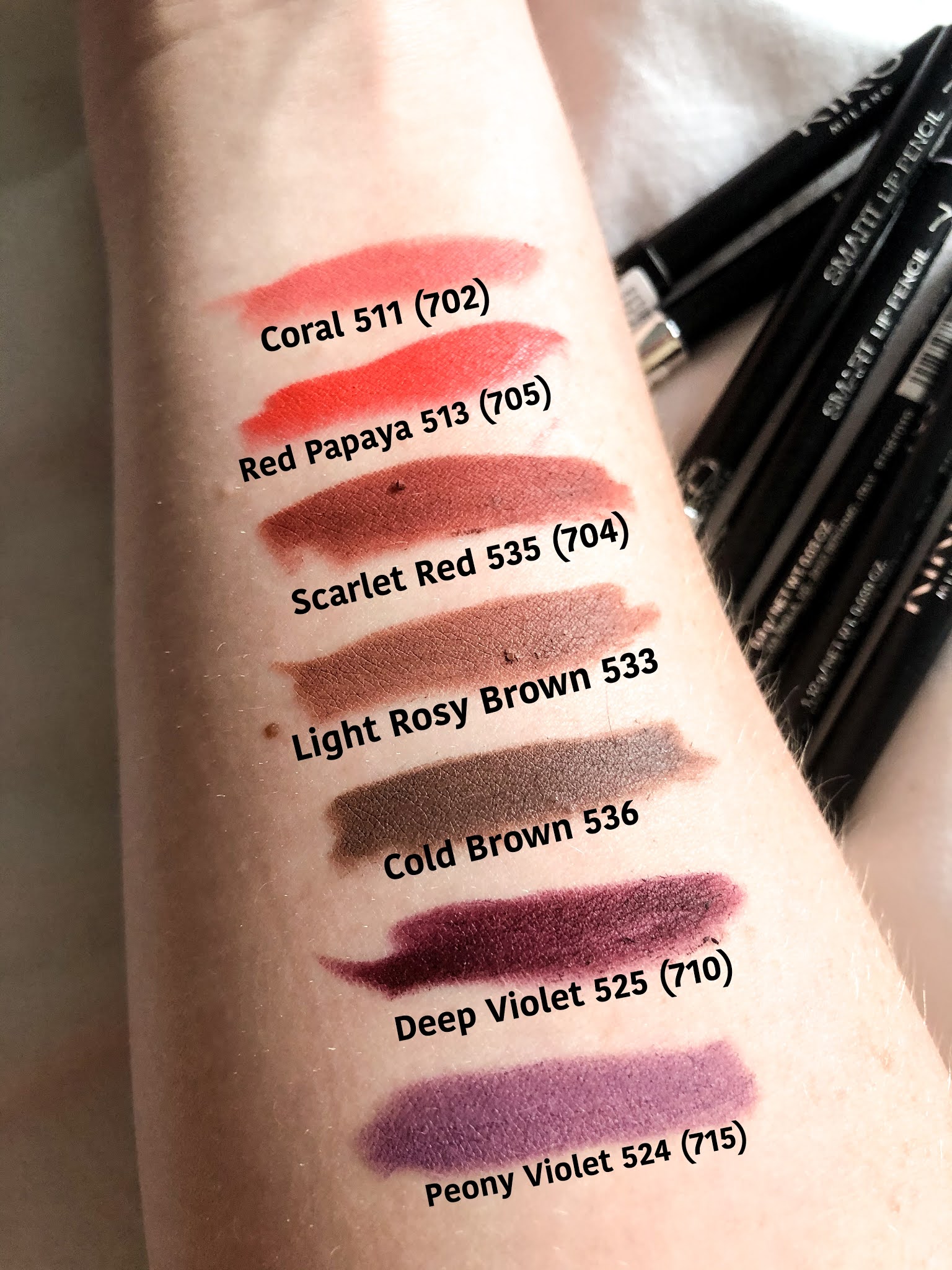 Kiko lip pencil swatches - shades 511, 513, 535, 533, 536, 525 and 524.