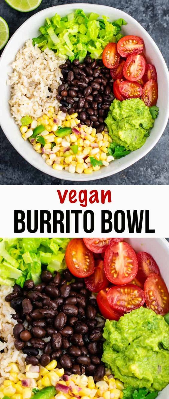 Vegan burrito bowl recipe with homemade fresh corn salsa and guacamole. Better than chipotle and so fresh and delicious!