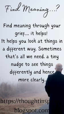 Find meaning through your grief.... it helps! It helps you look at things in a different way. Sometimes that's all we need, a tiny nudge to see things differently and hence more clearly. It helps put ourselves back on track, the same or new! But the one most needed by us for healing to take place. You are where you are in time and space for a reason.  A reason that my not be visible or clear to you currently but as time moves on clarity comes along.  https://thoughtinspiring.blogspot.com