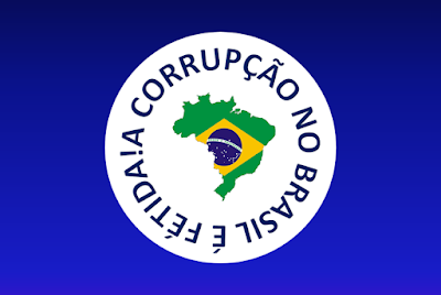 A imagem retangular de fundo azul e ao meio circular de fundo branco, mais o mapa do Brasil  e caracteres em azul diz: a corrupção no Brasil é fétida.