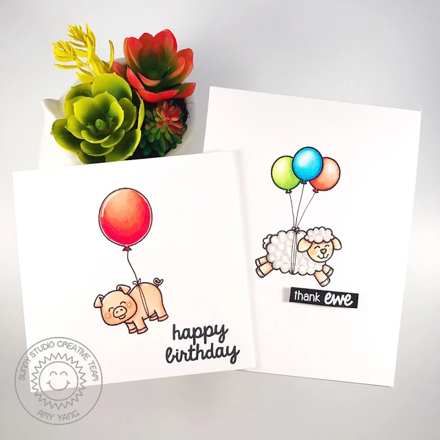 Sunny Studio Stamps: Missing Ewe and Barnyard Buddies CAS Balloon Themed Cards by Amy Yang