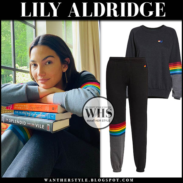 Lily Aldridge in grey rainbow stitch sweatshirt