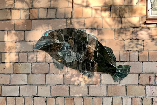 улица Усиевича, дворы, зеркальное граффити Небесные рыбы – Skyfish «Группер»