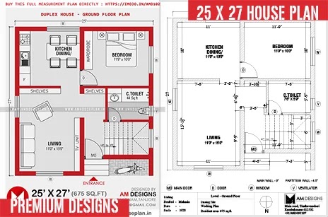 25 x 27 Duplex house floor plan with cost