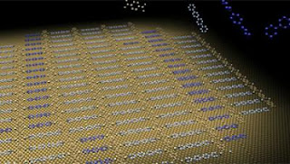 Caption: Nanometer scale organization of molecular components on a copper surface, demonstrating sorting of two sizes of molecules through molecular self-selection. The spacing between molecular rows is about 1 nanometer (0.000 000 001 meter). Credit: Forschungszentrum Karlsruhe und Max-Planck-Institut fur FestkÃ¶rperforschung Stuttgart. Usage Restrictions: None.