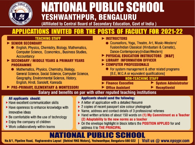 Recruitment for librarian information officer at National public school Banglore 