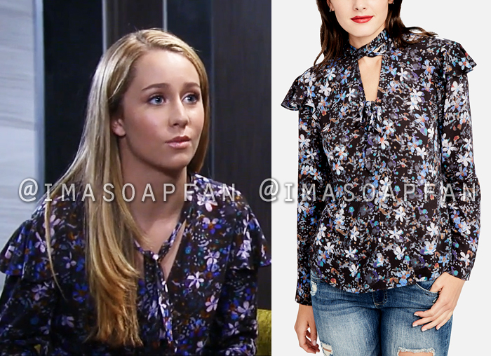 Josslyn Jacks, Eden McCoy, Ruffled Black Floral Top with Tie Neckline, General Hospital, GH