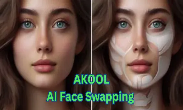 two similar pictures side by side, both with the central part intentionally blurred out. At the bottom of the image, there’s text that reads “AKOOL AI Face Swapping”