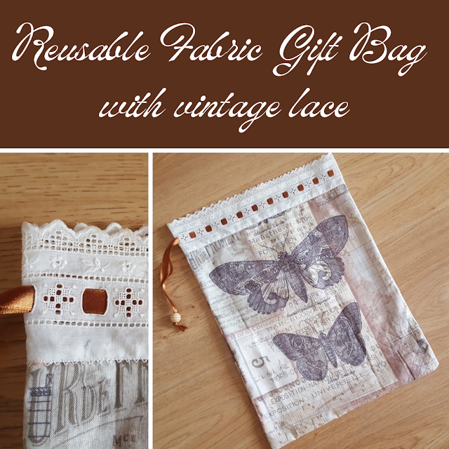 DIY reusable fabric gift bag with vintage lace