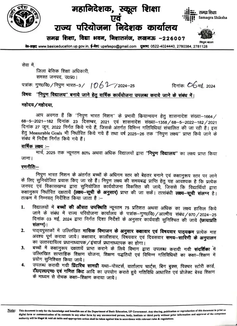 निपुण विद्यालय बनाये जाने हेतु वार्षिक कार्ययोजना उपलब्ध कराये जाने के सम्बन्ध में