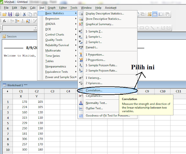 Langkah-langkah dalam menghitung korelasi di Minitab
