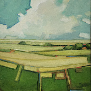 One of Danielle Clouse Gast's landscapes painted on canvas with oil paints. It is geometric in style, with greens and yellows for the grass and blue with large white clouds in the sky.