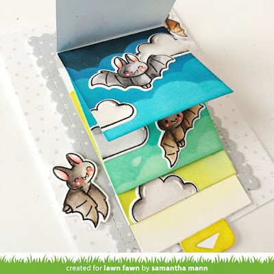 I Love Hanging Out with You Interactive Card by Samantha Mann for Lawn Fawn, Flippin' Awesome, Interactive Card, Distress Inks, Halloween, Bats, #lawnfawn #cardmaking #handmadecards #interactivecard #flippinawesome #distressinks