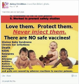 FitzGibbon says "Vaccines are so last year" while sharing an image spreading preposterous bullshit about vaccines causing polio, other diseases, death.