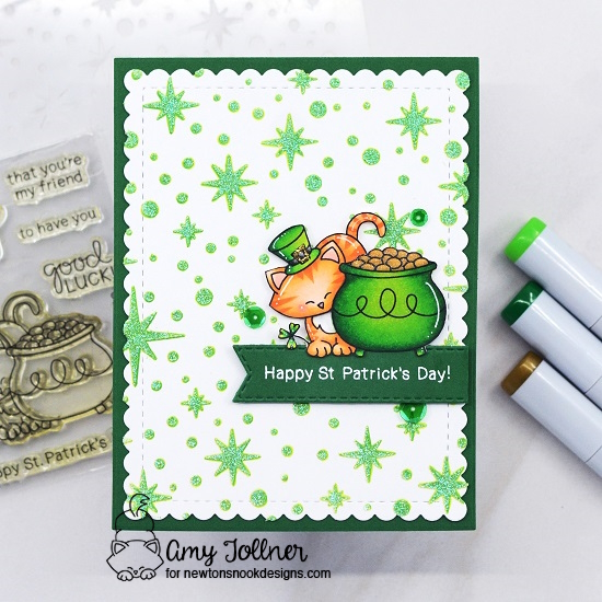 Happy St. Patrick's Day by Amy features Newton's Pot of Gold, Starfield, Banner Trio, and Frames & Flags by Newton's Nook Designs; #inkypaws, #newtonsnook, #stpatricksdaycards, #catcards, #cardmaking, #cardchallenge
