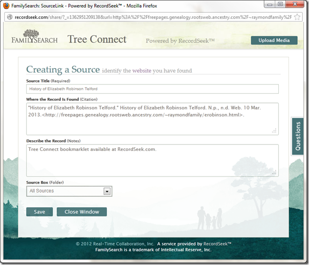 RecordSeek automates the creation of a FamilySearch Family Tree webpage source