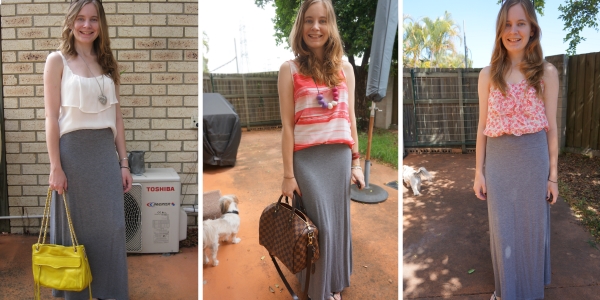 3 easy ways to wear a grey maxi skirt in summer | away from blue