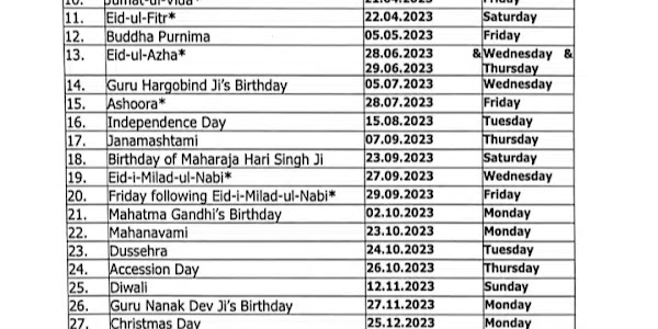 JK Govt., JKBOSE, Kashmir University Holidays Calendar For 2023 |