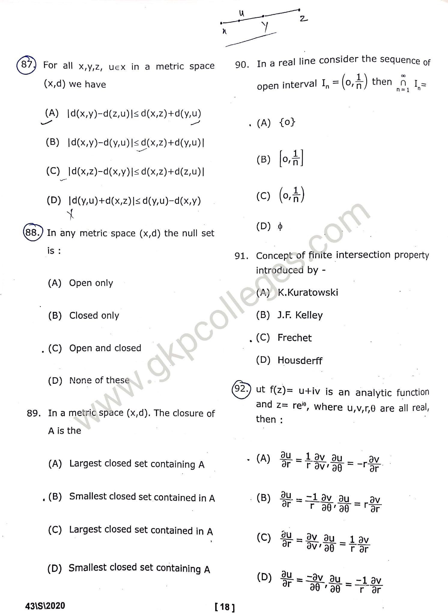 DDU M.Sc. and M.A. Mathematics Entrance question paper 2020 with Answer key