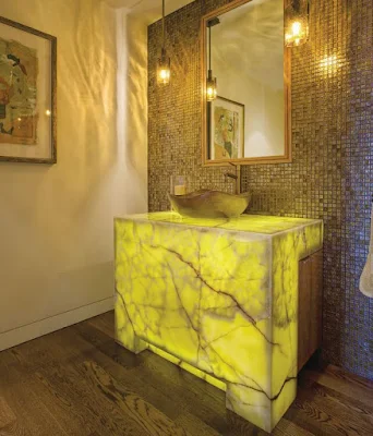 Rustic bathroom vanity for unique bathroom decor with pendant lights and tiny wall tiles