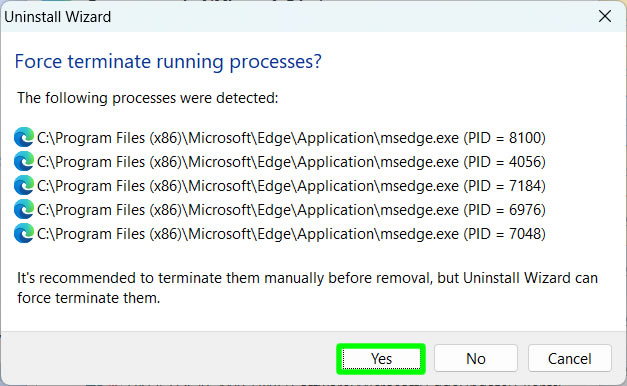 terminating all processes related to edge to uninstall on windows 11
