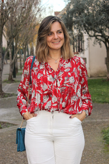 look du jour, blouse zara rouge, pantalon velours blanc, les petites bulles de ma vie