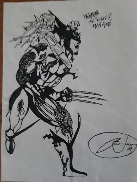 A drawing of Wolverine being attacked while running by artist Tommy Laccorn.