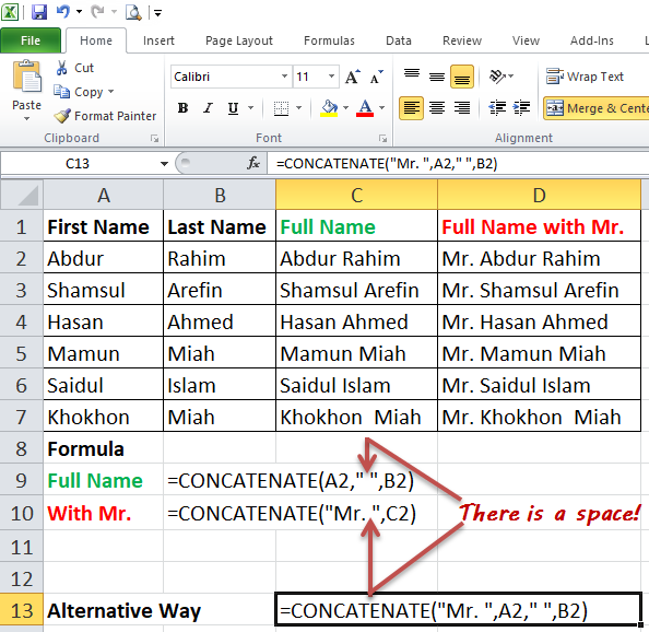 Combining Texts in MS Excel using CONCATENATE function