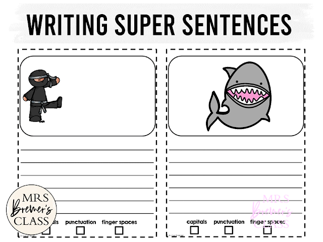 Sentence writing activity pack for practice with capital letters, punctuation & writing complete sentences for First Grade & Second Grade