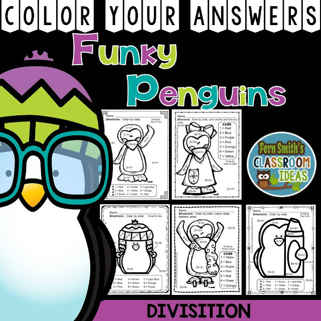   Fern Smith's Classroom Ideas - Winter Math: Winter Fun! Funky Penguins Division Facts - Color Your Answers Printables for Winter Division at TeacherspayTeachers, TpT.