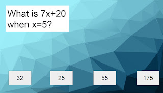 What is 7x+20 when x=5? Possible choices: 32, 25, 55, 175