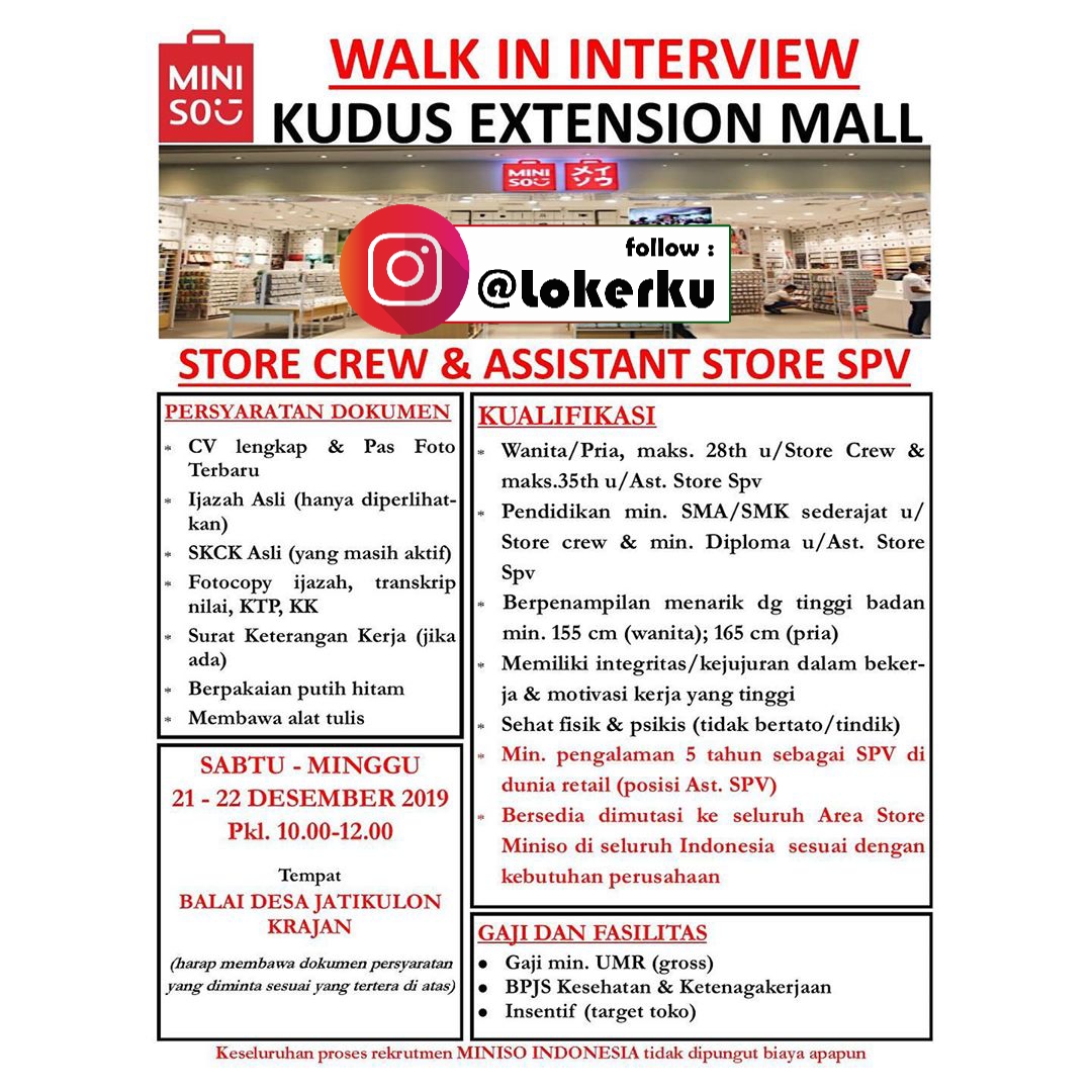 INFO LOKER KUDUS OPENING SOON! MINISO KUDUS EXTENSION MALL