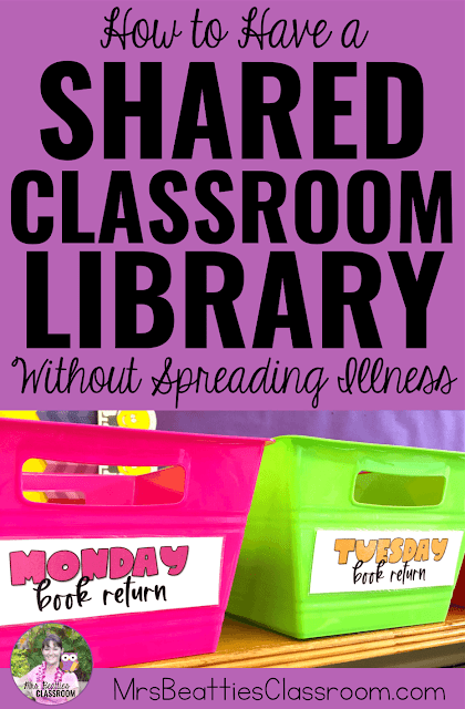 Classroom library bins with text, "How to Have a Shared Library Without Spreading Illness."