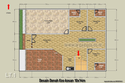 Desain Denah Sketch Kos  Kosan di Atas Lahan 10x14m 