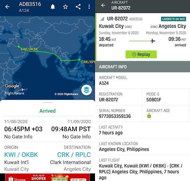 Flight information from the Flight Aware and AirNav RadarBox Smartphone applications showing the An-124 Transport Aircraft carrying the S-70i Helicopters have landed at Clark Airport