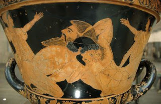 Antaeus and Hercules fighting.