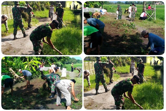 SAMBUT HUT RI TNI & MASYARAKAT GIAT LAKUKAN BERSIH-BERSIH DESA