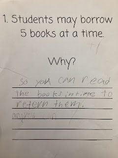 Student work: Students may borrow 5 books at a time. Why? So you can read the books in time to return them.