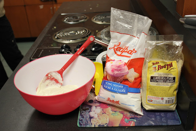 macaron ingredients, powdered sugar, almond flour, food colouring, egg whites