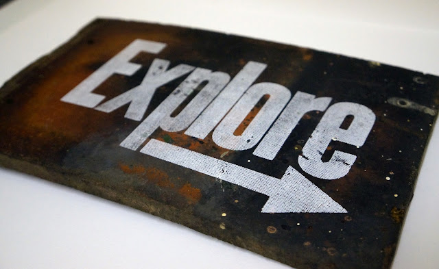 logo, graphic design, explore, fragment, screen print, half tone, design, urbex, tile, experiment, mmu, arrow, fragments, details, urban, exploration, travel, adventures, history, letterpress, found objects, 