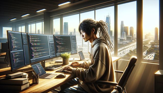 Technical concept art of a Japanese man with dreadlocks, dressed in casual contemporary clothing, focused on programming in a sunlit urban environment. The scene is wide, showing the man sitting at a modern desk with multiple monitors, coding intensely. The room has large windows allowing soft sunlight to illuminate the space. In the background, the urban environment of a bustling city is visible, with skyscrapers and busy streets. The style is detailed and realistic, capturing the essence of a modern, technology-focused lifestyle in a city setting.