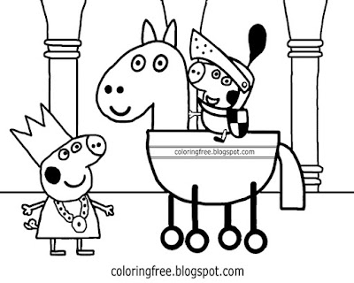 Medieval knight on horse cartoon printable easy Peppa pig princess coloring pages for kids to color