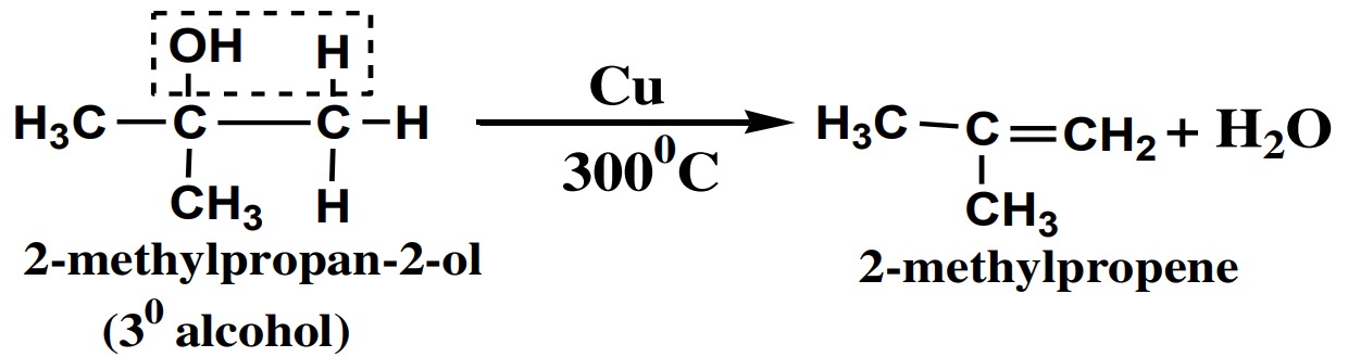 3° or tertiary alcohols are dehydrated into alkenes in the presence of Cu catalyst at 3000C.