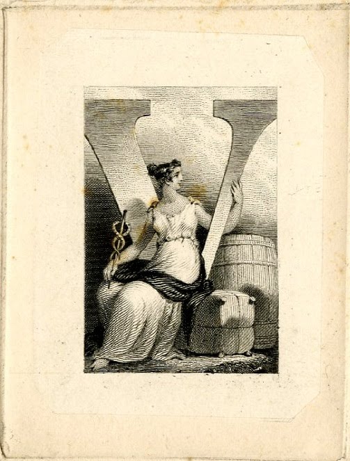 Female figure seating at a V letter (Victory), holding staff with snakes. Design printed in black (19th c) - numismatics: banknote vignette