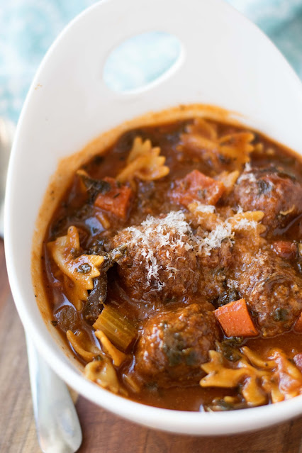 A bowl of the Italian Meatballs Soup.