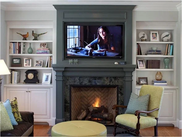 dark gray fireplace TV