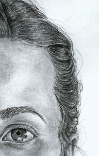 Charcoal drawing of hair and eye